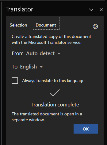 Microsoft word transalotr option